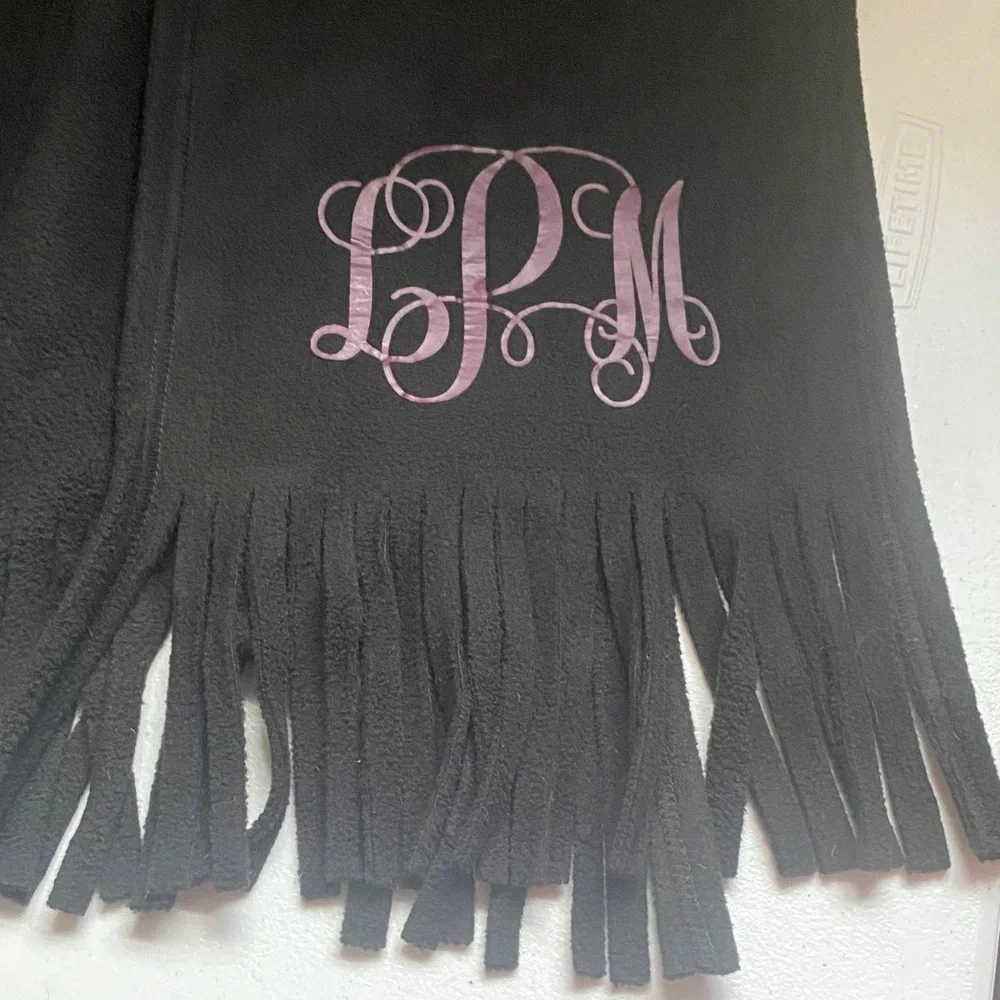 Personalized Black Fringe Scarf with Purple Monogram LPM